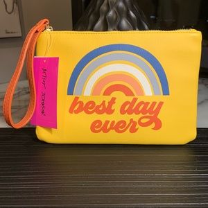 Betsey Johnson Best Day Ever Bright Rainbow Wristlet Pouch Vegan Faux Leather